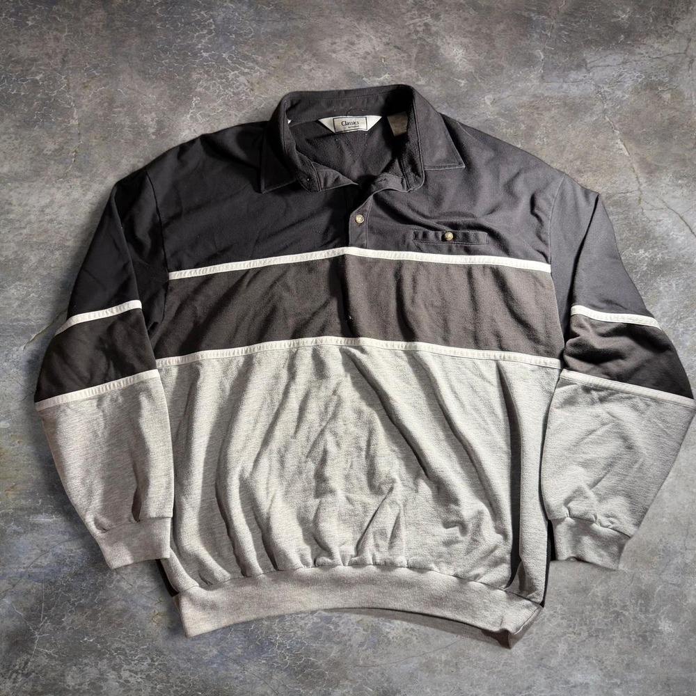 Classics by Palmland Mens Rugby Shirt Black Gray Colorblock Striped XXL 6094-728